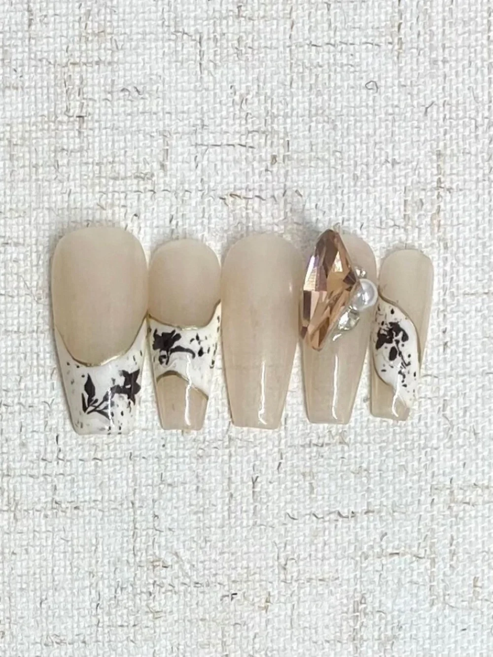 Neutral Beige Floral Press-On Nail Set with Jewel Accent